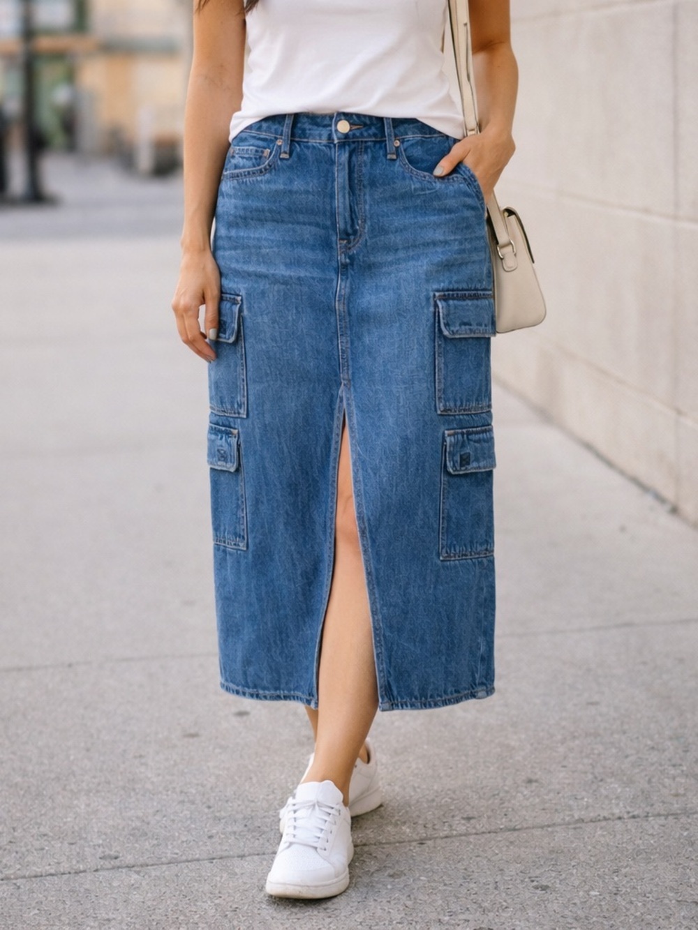 American Eagle Denim Cargo Midi Skirt Size 6 High Rise Front Slit NWT
